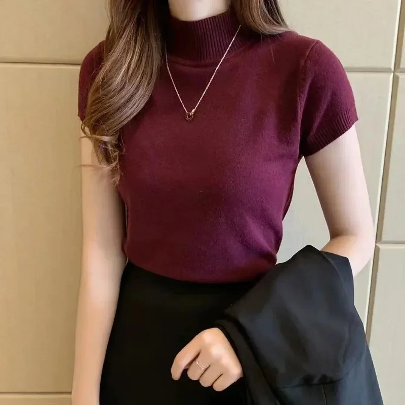 Women's Half-High Neck T-Shirt - Elegant Korean Style Slim Fit Casual Top for Spring and Summer