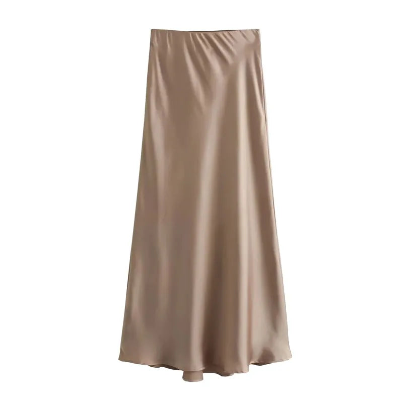 Elegant Satin Midi Skirt - Women’s High-Waist Long Skirt for Office, Casual, and Summer Wear