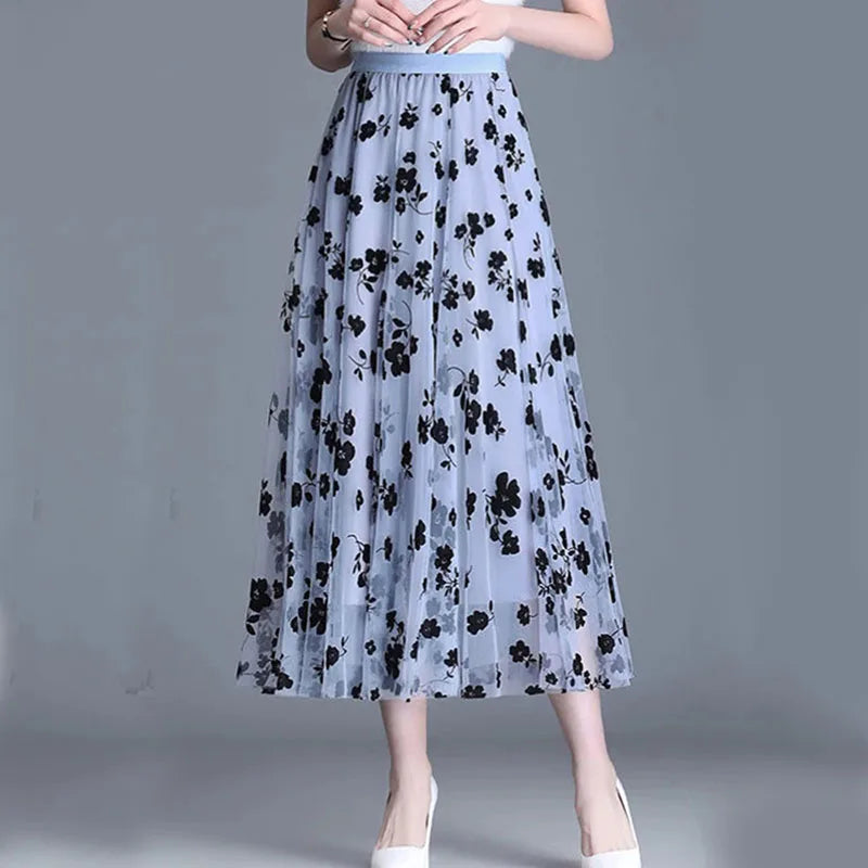 Elegant Floral Mesh Midi Skirt - Versatile and Sophisticated Style for Casual and Formal Wear