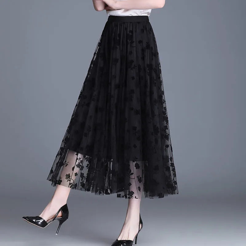 Elegant Floral Mesh Midi Skirt - Versatile and Sophisticated Style for Casual and Formal Wear