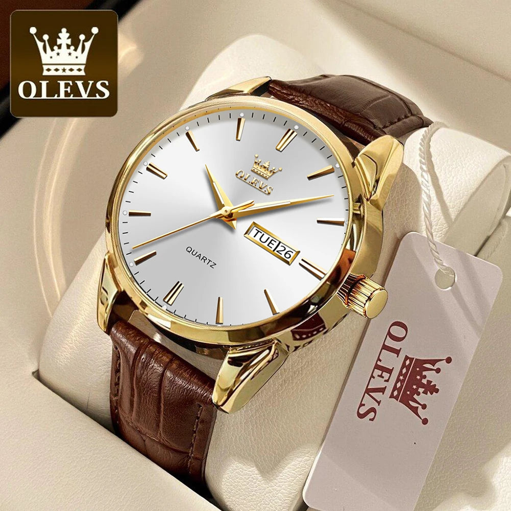 OLEVS Men's Quartz Watch with Leather Strap – Waterproof, Business Style, and Auto Date Feature