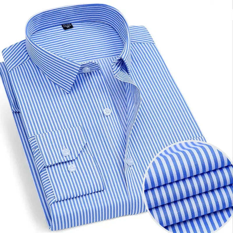 Men's Classic Striped or Solid Long Sleeve Business Shirt - Formal and Comfortable for Office or Social Wear