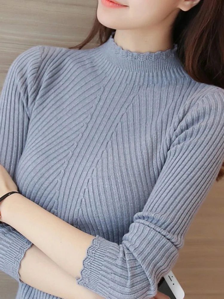 2024 Women's Mock Neck Ruffle Sweater – Slim Fit, Knitted Design for Autumn/Winter