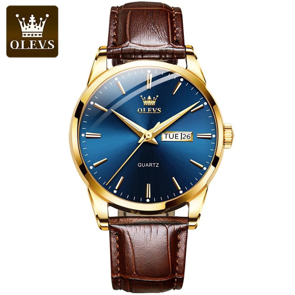 OLEVS Men's Quartz Watch with Leather Strap – Waterproof, Business Style, and Auto Date Feature