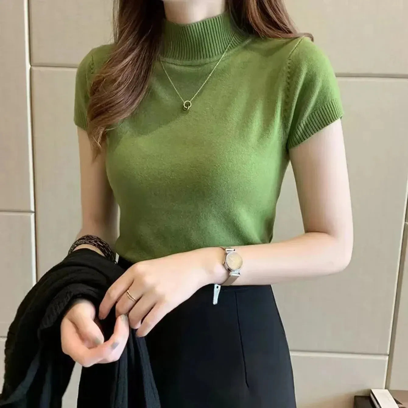 Women's Half-High Neck T-Shirt - Elegant Korean Style Slim Fit Casual Top for Spring and Summer