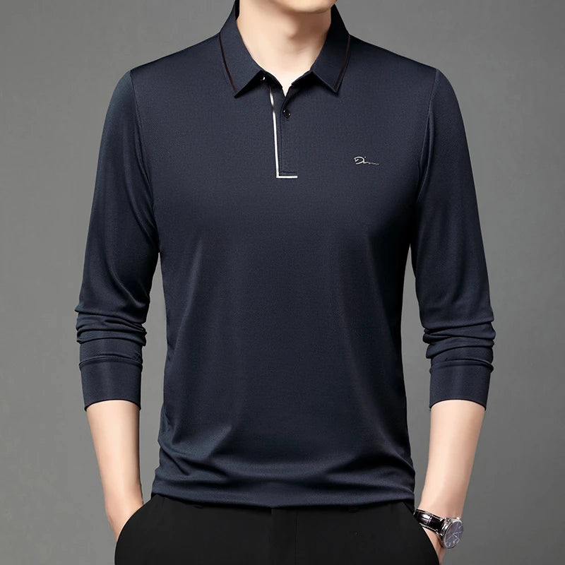 Men's Business Casual Long-Sleeve Polo Shirt - Solid Color, Breathable, and Versatile for All Seasons