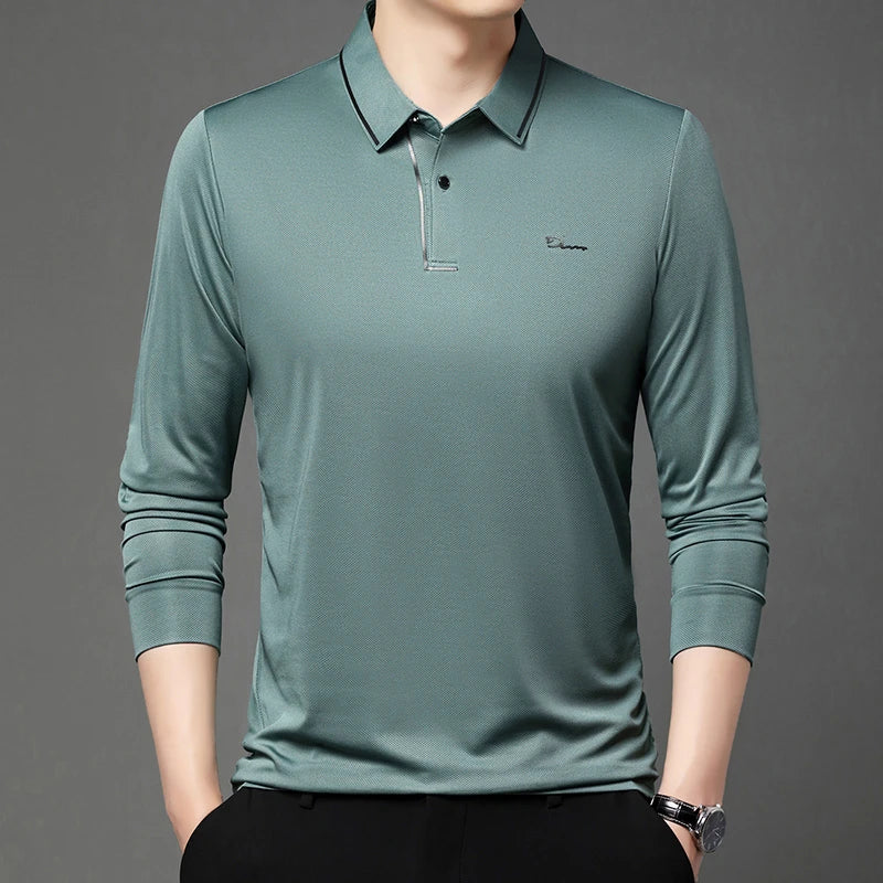 Men's Business Casual Long-Sleeve Polo Shirt - Solid Color, Breathable, and Versatile for All Seasons