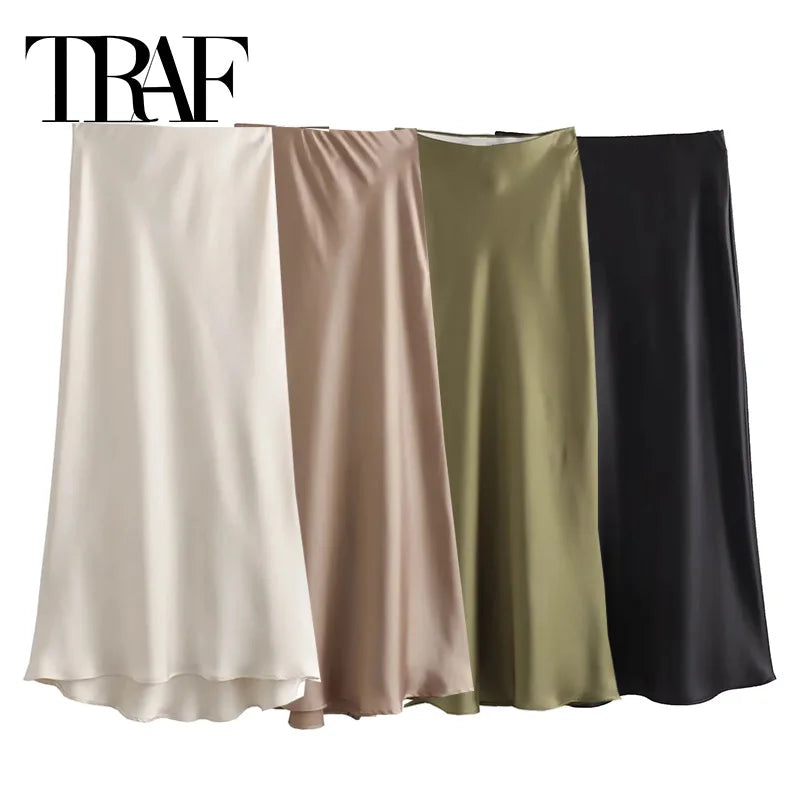 Elegant Satin Midi Skirt - Women’s High-Waist Long Skirt for Office, Casual, and Summer Wear