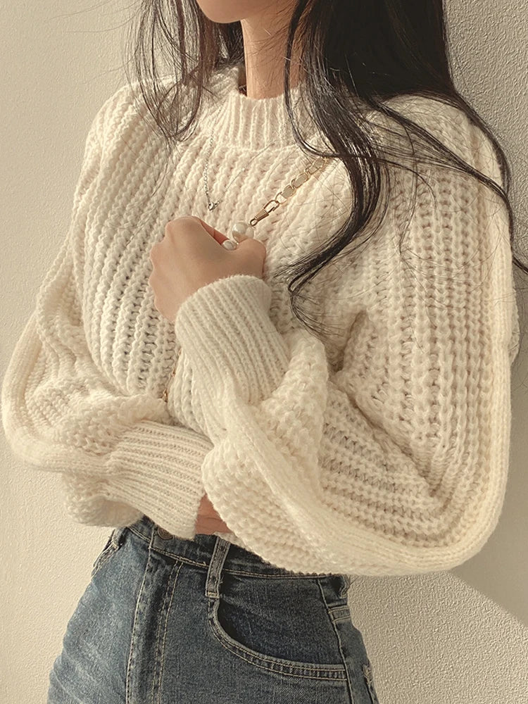 Vintage Lantern Sleeve Women’s Knit Sweater – Soft, Warm, and Chic for Autumn/Winter