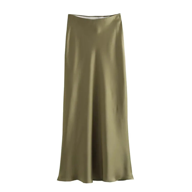 Elegant Satin Midi Skirt - Women’s High-Waist Long Skirt for Office, Casual, and Summer Wear