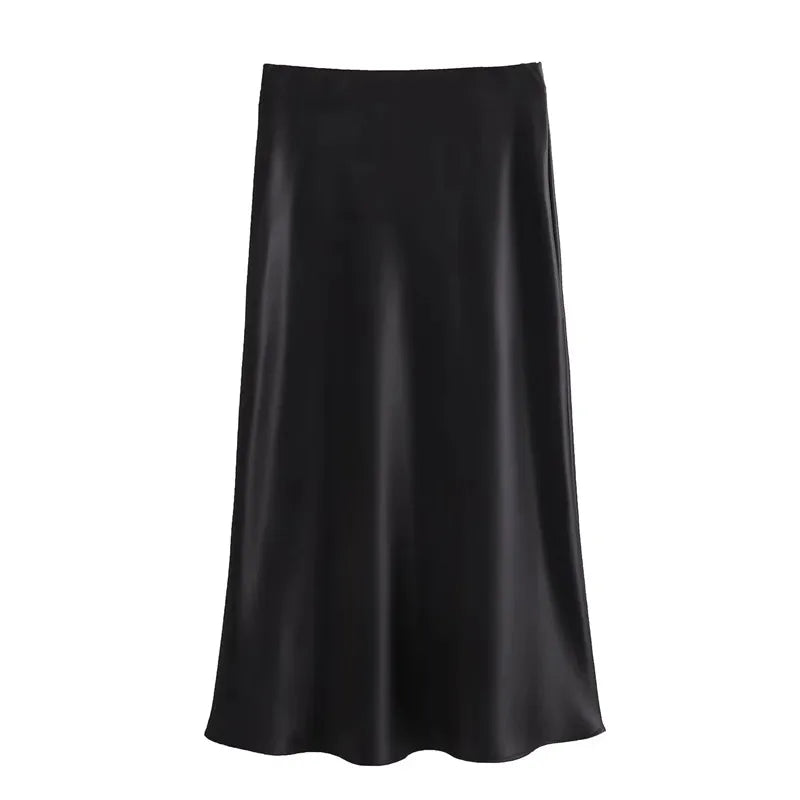 Elegant Satin Midi Skirt - Women’s High-Waist Long Skirt for Office, Casual, and Summer Wear