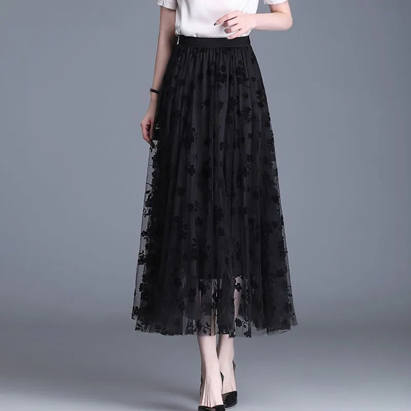 Elegant Floral Mesh Midi Skirt - Versatile and Sophisticated Style for Casual and Formal Wear