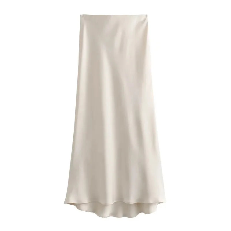 Elegant Satin Midi Skirt - Women’s High-Waist Long Skirt for Office, Casual, and Summer Wear