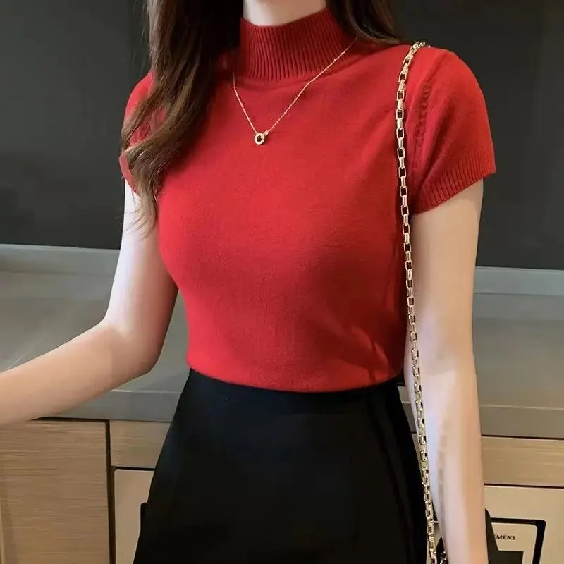 Women's Half-High Neck T-Shirt - Elegant Korean Style Slim Fit Casual Top for Spring and Summer