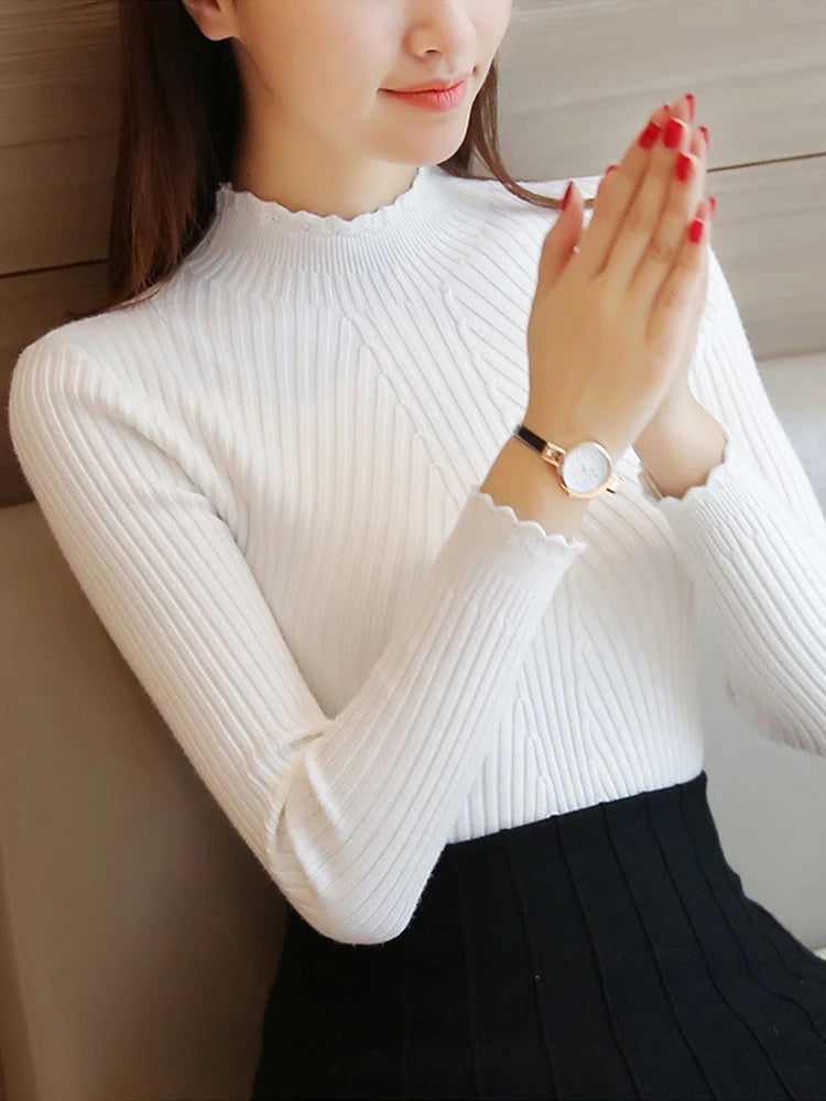 2024 Women's Mock Neck Ruffle Sweater – Slim Fit, Knitted Design for Autumn/Winter