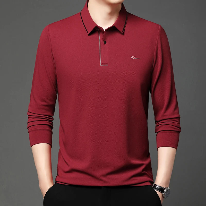 Men's Business Casual Long-Sleeve Polo Shirt - Solid Color, Breathable, and Versatile for All Seasons