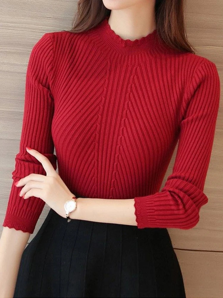 2024 Women's Mock Neck Ruffle Sweater – Slim Fit, Knitted Design for Autumn/Winter