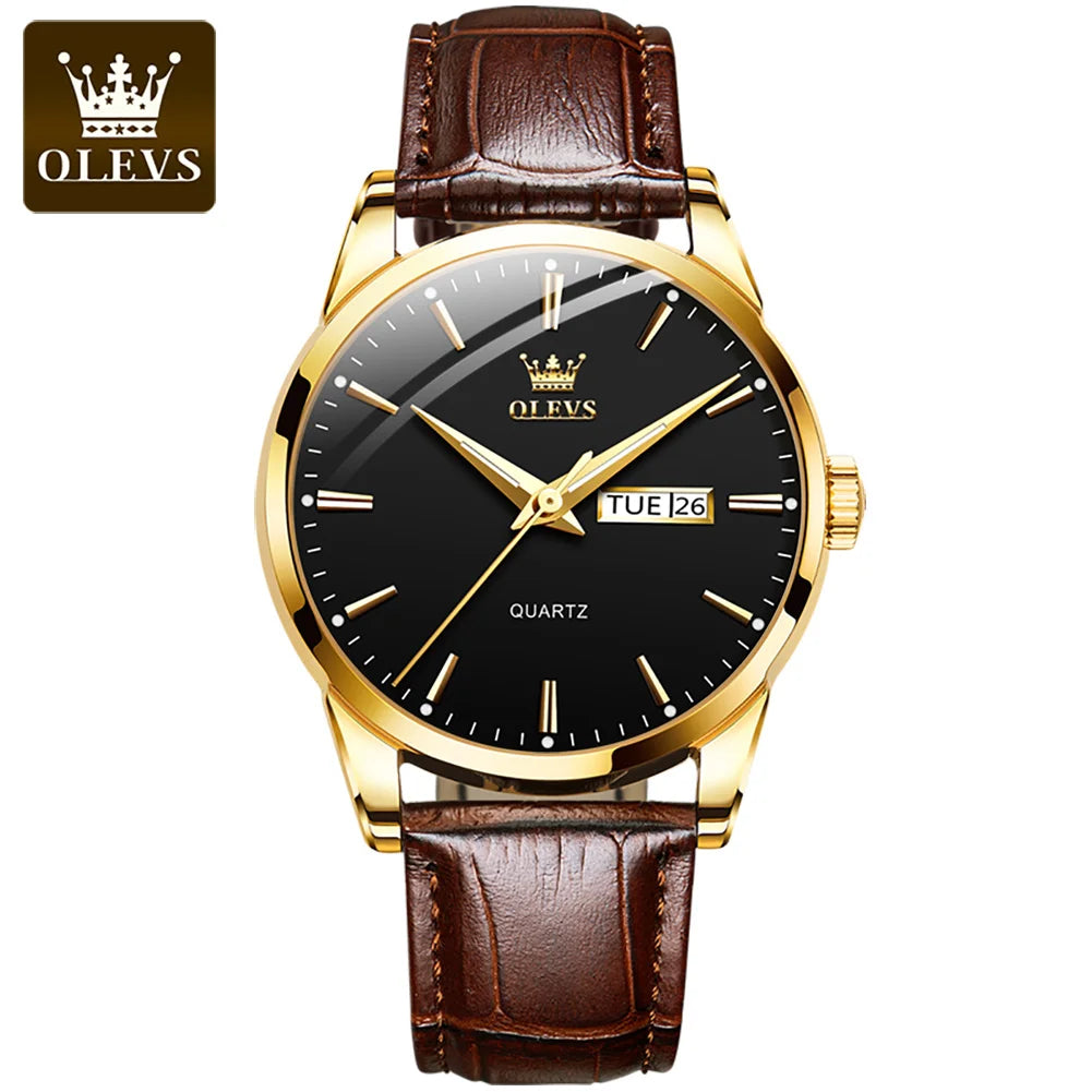 OLEVS Men's Quartz Watch with Leather Strap – Waterproof, Business Style, and Auto Date Feature