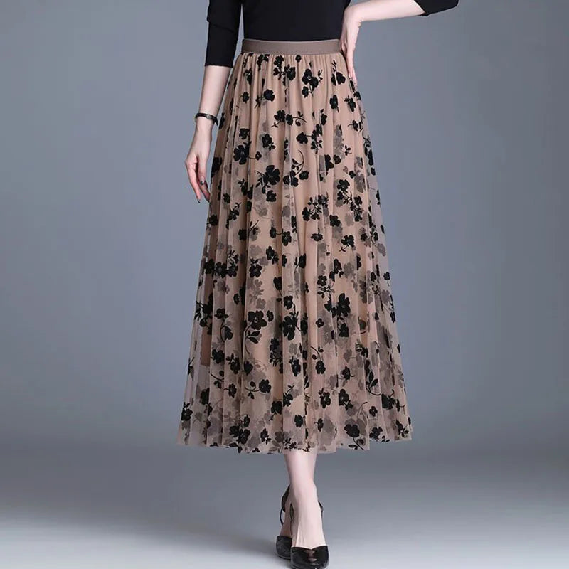 Elegant Floral Mesh Midi Skirt - Versatile and Sophisticated Style for Casual and Formal Wear