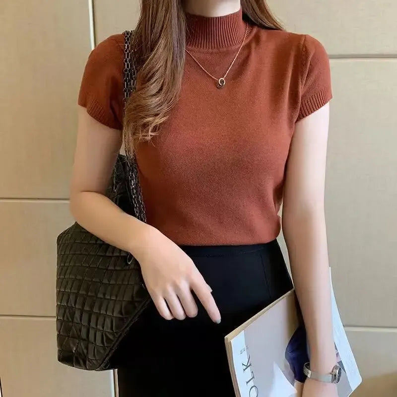 Women's Half-High Neck T-Shirt - Elegant Korean Style Slim Fit Casual Top for Spring and Summer