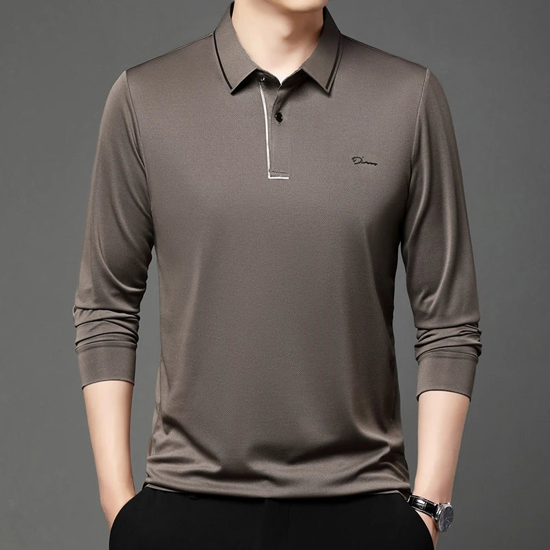 Men's Business Casual Long-Sleeve Polo Shirt - Solid Color, Breathable, and Versatile for All Seasons