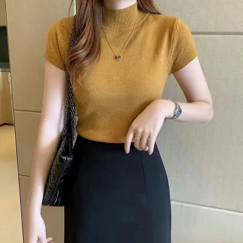 Women's Half-High Neck T-Shirt - Elegant Korean Style Slim Fit Casual Top for Spring and Summer