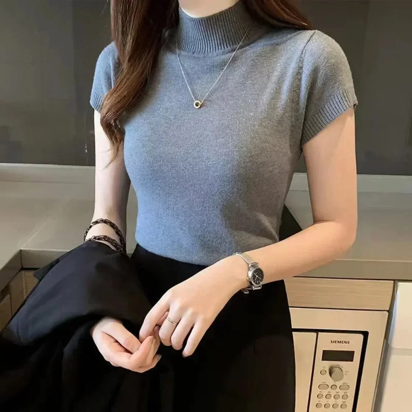 Women's Half-High Neck T-Shirt - Elegant Korean Style Slim Fit Casual Top for Spring and Summer